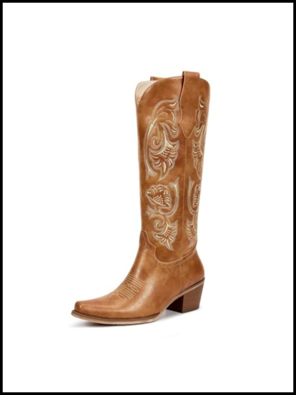 Knee High Western Cowboy Boots Floral Embroidery Faux Leather